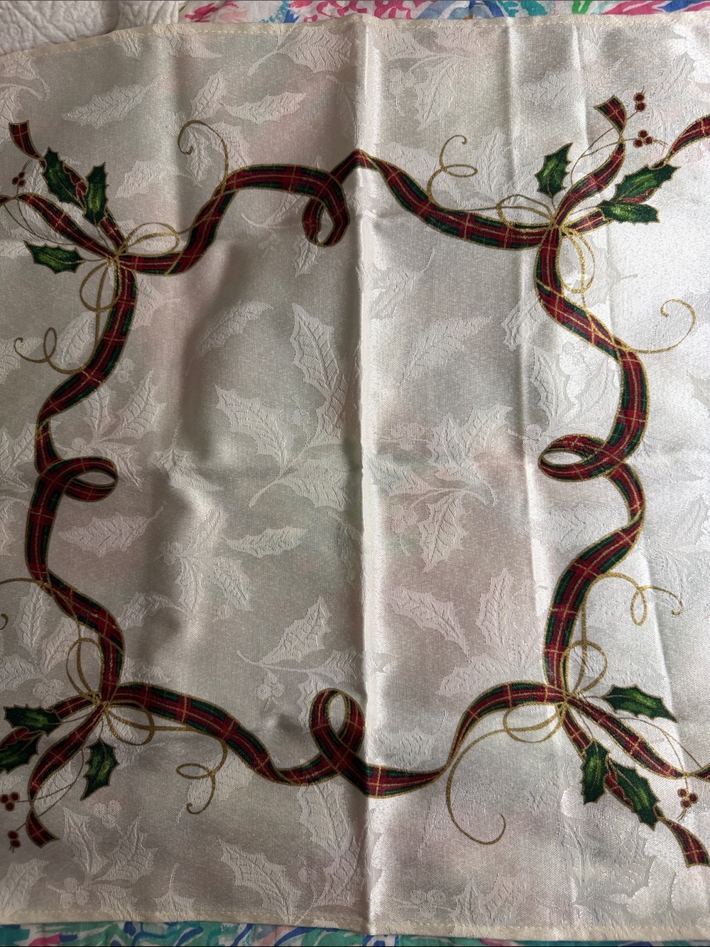 Lenox Cream Jacquard Holiday Napkins (9) with Red Plaid Ribbon and Green Holly